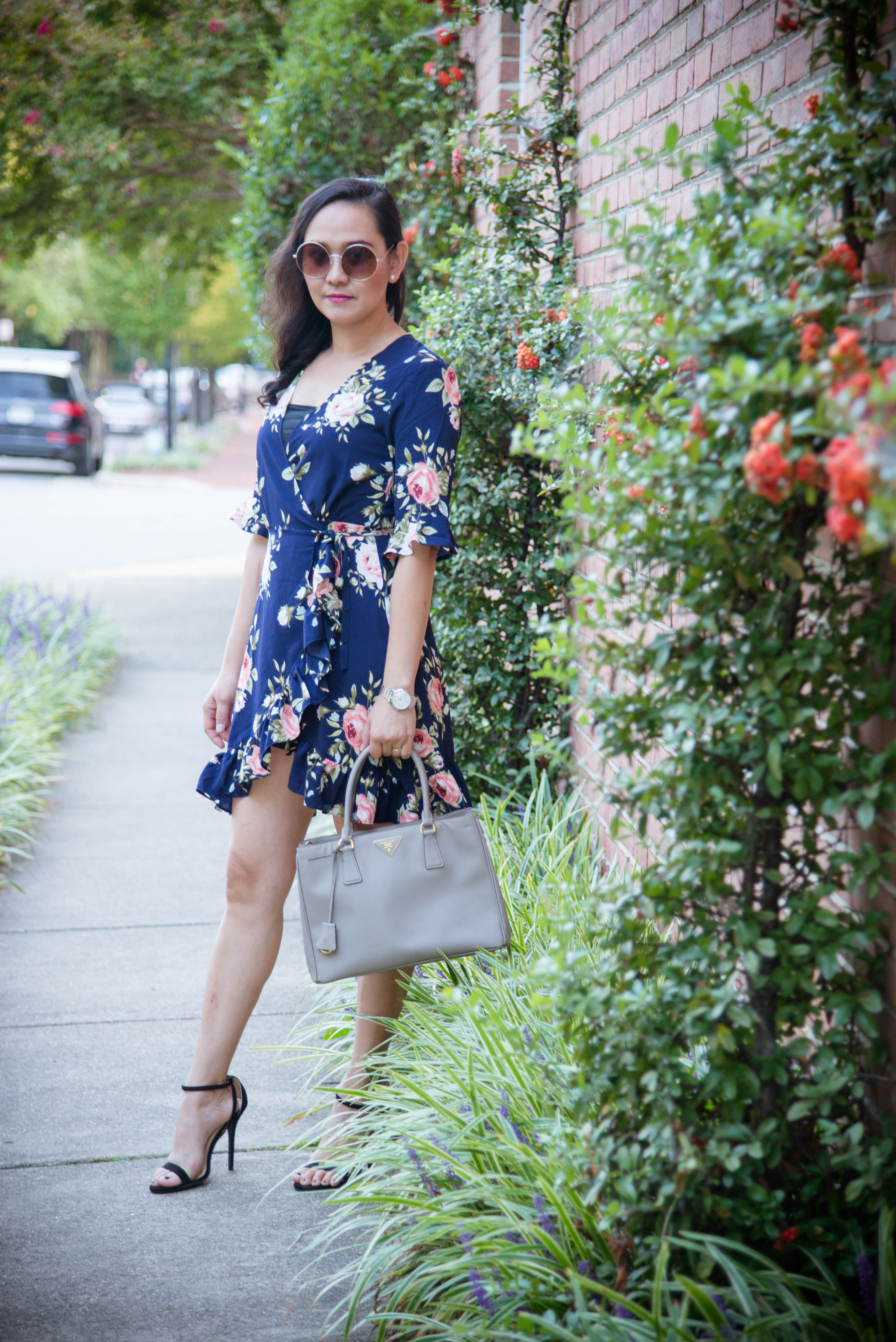 Transitioning To Fall with Floral Frill Hem Wrap Dress - SimplyChristianne