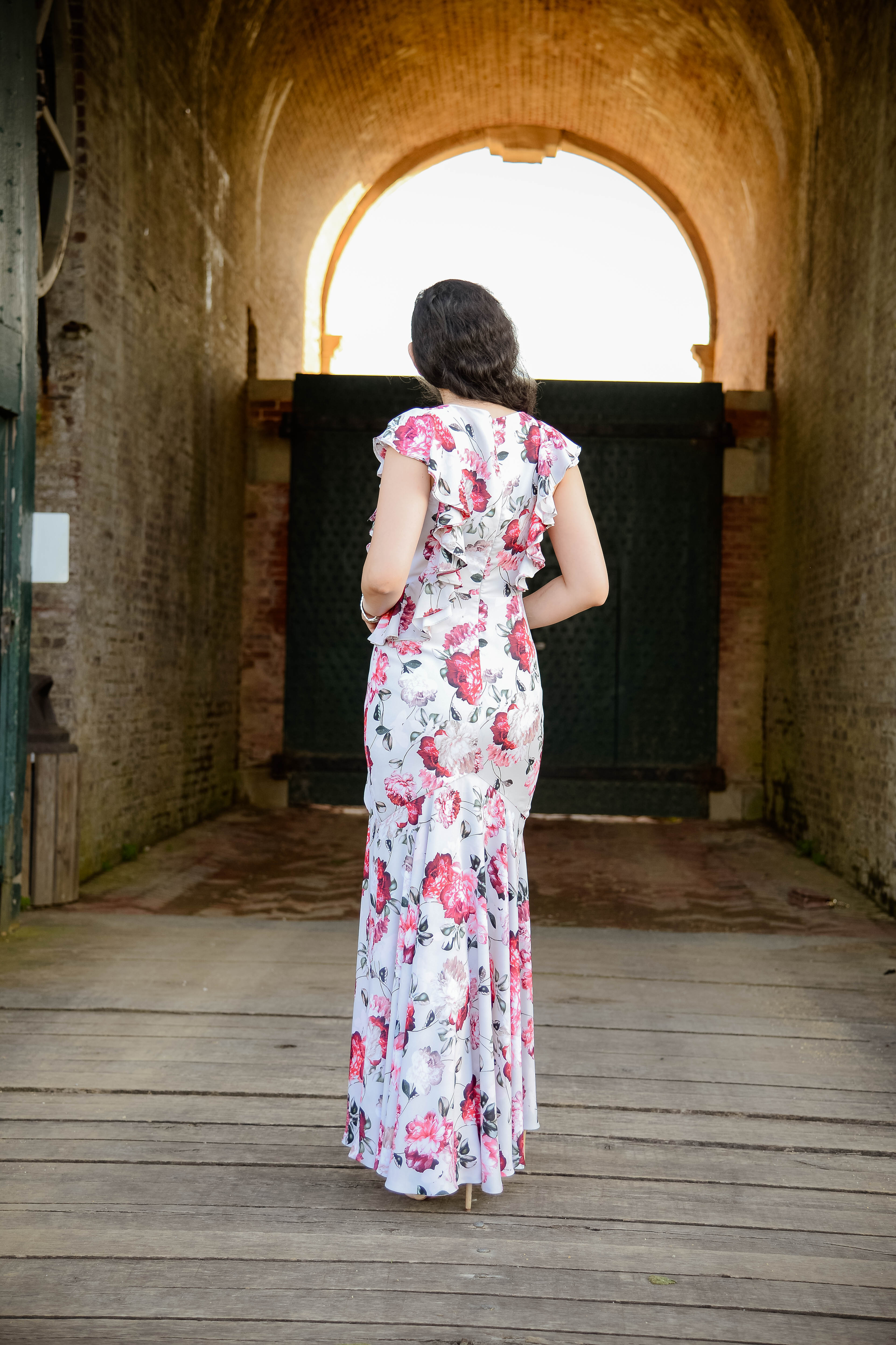 Editorial Floral with Flutter Sleeves Maxi Dress